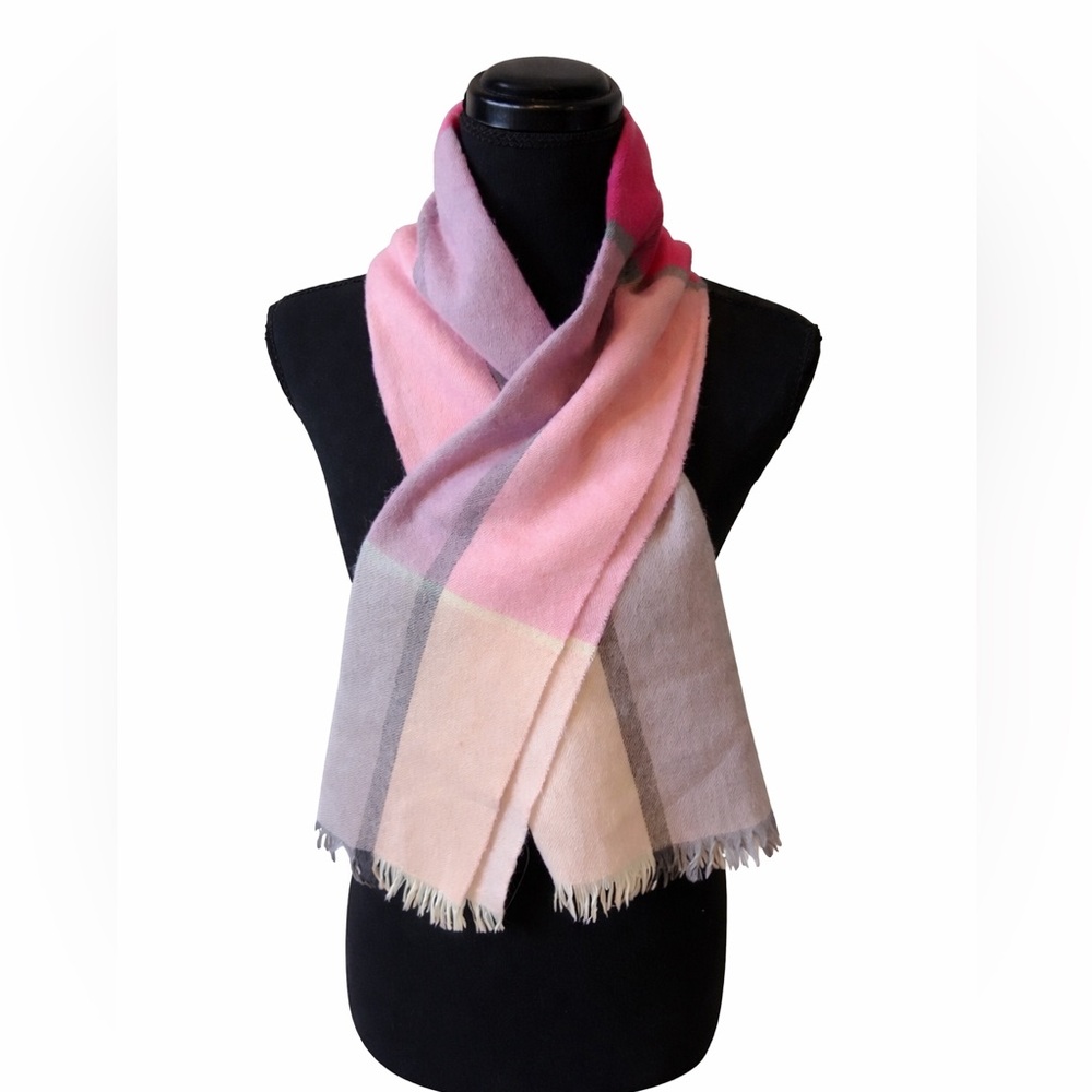 100% Pure Lambswool Plaid Scarf Pink Neutral Fringe Wrap